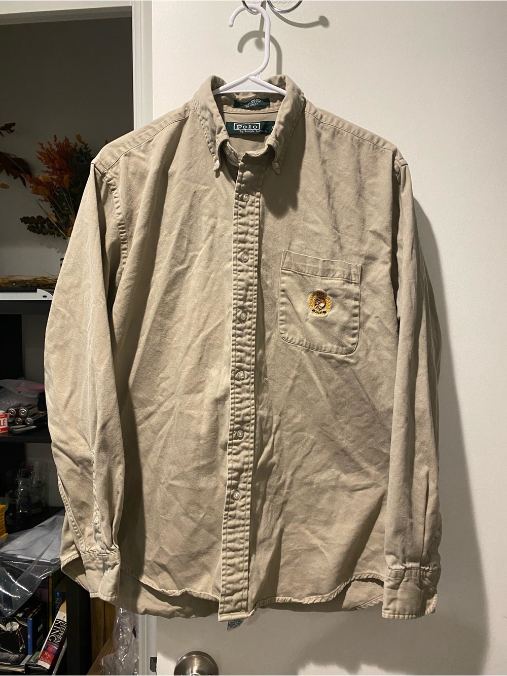 Vintage 80s Polo Ralph Lauren Button Down Shirt Size XL Beige- Royal Crest Logo